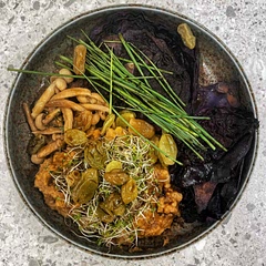 add soy sauce + liquid smoke to cabbage steaks, top with fresh micro sprouts + golden raisins, roast shimeji mushrooms in garlic honey. also spices are way too much for the mashed potatoes, halved them