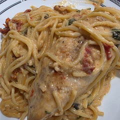 I boiled some pasta and right before pulling the meat off the stove, mixed in the pasta for a bit then served. So good. Chicken is nice and juicy and the flavors come together perfectly