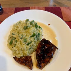 "Perfect quick dinner combo; the creamy asparagus risotto pairs excellently with the pan-seared chicken."