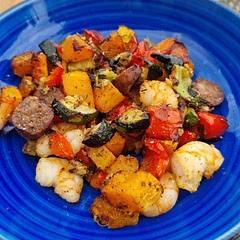 Simple, tasty and quick.
I airfried the veg for 15 mins before adding the prawns and sausage for the 5 mins