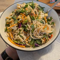 Tasty. Has A TON of ingredients, some in such small amounts that they don't really "show up". For instance, I asked my husband if he knew it had toasted coconut - he could not tell. So I would increase the pineapple and coconut. We used GF udon and overall were happy. FYI the dressing recipe has you put on 2/3 then see if you want more. We found we had extra.