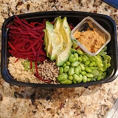 We used raw shredded beets and a mixture of kale and romaine lettuce since that's what we had on hand. We also just used hummus and didn't mix it with lemon juice.