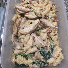 Pretty good! Used less pasta, more chicken (thighs), more tomato. Needs more acidity but can add when eating. Super quick to make. 