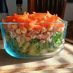 I had a lettuce mix I needed to use and I accidentally used a can of hominy that I roasted like chickpeas. I also added a little mayonnaise to the tuna so it wasn't too dry.  Edit: made it again to the recipe speciations and surprisingly enjoyed it. Mix the dressing into the salad about 10 minutes before eating to soften the kale. I also would have liked more dressing and my husband would have liked more tuna. 9/10