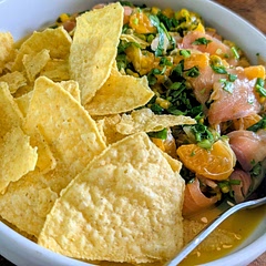 I couldn't find pomegranate, so I used passion fruit instead. And instead of fried fish or fried chicken, we just used some gluten-free chips and smoked trout, which was a perfect combination with the salad. It added a bit of smokiness and saltiness to a dish that's already very sour and very sweet.