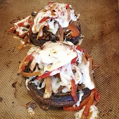 This was really good and has great flavor! I used the roasting setting on the air fryer and cooked the mushrooms at 400 for about 15 minutes. The veggies I roasted at the same temperature for about 10 minutes. Then I added all the toppings onto the mushrooms and roasted for another 5 minutes. I also mixed to the yogurt with some sriracha which is a great replacement for Sriracha mayo! 
Edit- made it with the air fryer setting at 425⁰ following the directions except I added some taco seasoned ground beef and it leveled these up. 10/10
