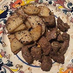 A bit bland. Added some salt, red pepper, paprika, black pepper to the steak bites. Also, cooked the potatoes a bit longer since I cut them into larger slices, and added some salt and pepper. 