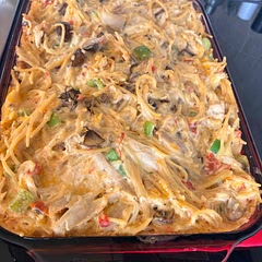 This was delicious. I wasn’t able to cook it in the crockpot, so I baked it in a 13x9 glass dish at 350 degrees F for 1 hour covered with foil. I added 1/2 diced bell pepper and a few chopped fresh mushrooms to the ingredients. Be sure to melt your Velveta cheese before adding to the mixture if you plan on baking it in the oven.