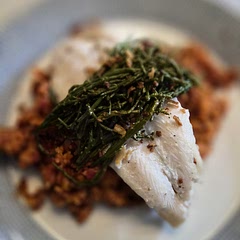 We panfried the fish separately, as 25-30 mins in an oven would have killed it. The rice was cooked at 20 mins, plus I needed to add more liquid to stop it drying out. We also added samphire on top, which worked really well.
Just a few notes on the recipe - the 'official' photo shows sweetcorn & olives, but there's no mention of these. Also it's not clear whether the calories indicated include the rice (I suspect not). There's no measuring amounts given for quite a few of the ingredients, including the rice so there is a fair amount of guesswork involved.
Overall though, very tasty. I'd make it again, but on my own terms!