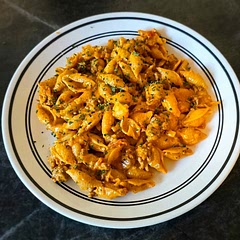 Creamy Beef & Tomato Pasta Shells — Shell pasta coated in a savory ground beef cream sauce, simmered with tomatoes and aromatic herbs, garnished with freshly chopped parsley.