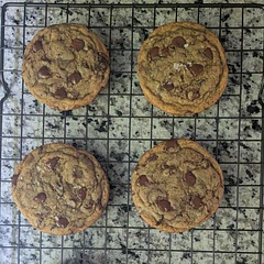 I used half chips and half chopped up chocolate bar, I also refrigerated overnight. Topped half with flake salt half without. I only baked a few and then froze the rest of the balls for when the mood strikes. They were great!