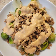 Used Brussel sprouts, onions and bell pepper as the veggies and ground pork as the meat