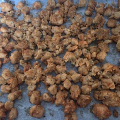 Base flavor was just okay with added garlic onion cayenne powders, had better mouth feel when baked, but difficult to crisp up because bean tofu so easily mushed together.  Maybe better with firmer formulation, maybe smaller pieces, and some way to increase spiciness.  Was certainly an interesting experiment.