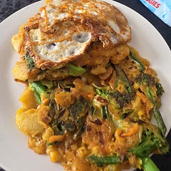 I put 2 fry eggs on top, but the recipe need to split into 2 phases. 1 is the actual pancake Mix then 2 is the dipping sauce. It was confusion for me.