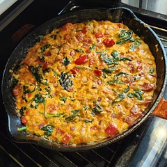 This was so delicious. Used 6 large eggs, full 240g chorizo ring, 400g can chickpeas, extra spinach. So tasty! Really nice paired with a paprika mayo. Very filling. Added cheese on top and grilled after. 10/10 recommend.
