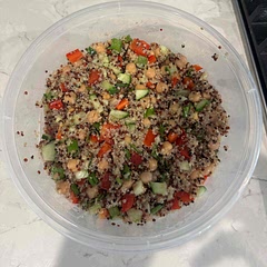 This recipe was delicious. I left out the parsley and red onions. However, I added 1/4 cup of chopped green onions. I have cooked similar recipes before and it also tastes great by adding feta cheese crumbles. Also, although I didn't have any for this recipe, quinoa tastes better if you substitute the water for chicken broth. 

This is a perfect lunch time meal by adding a pouch/can of salmon, tuna, or chicken.