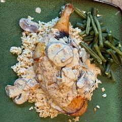 I used our cast iron skillet. 
I made sure the chicken was crispy-ish when browning it. I also used left over bacon that could be cooked a bit more to add a crisp to it. 
We put the chicken and sauce on brown rice. 
Dan said it was good. 👍🏼