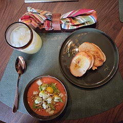 This was great with homegrown tomatoes and cucumbers.   Garnished with tomato,  cucumber,  avocado, sour cream and toasted pine nuts.  Served with mini grilled cheese on French bread.