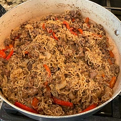 Added half a pepper with the onions. Water diluted sauce. Used a slurry of cornstarch and water to thicken at the end. Used 8 minute ramen, will cook half way next time.