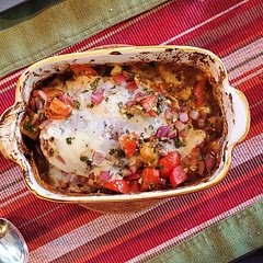 This was very good.  I used heirloom tomatoes from my garden instead of cherry tomatoes.  I also used 1 giant breast instead of 2 smaller ones.