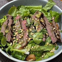 Absolutely beautiful! 
Used Wagyu and cooked rare on cast iron. 
I didn't need all of the sugar. 
I did a double batch of dressing but one would have been just enough. 
I'd add more tomato and red onion to the salad next time.