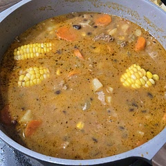 Came out so good! So many leftovers and whole family enjoyed it. Carrots, celery, potatoes, jalapenos, corn.
