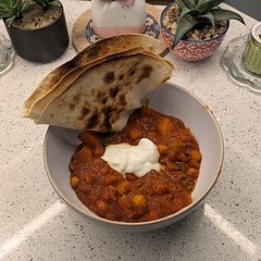 Added loads of extra curry powder and paprika, swapped tinned chopped tomatoes with tomato pasata - no coconut milk but yoghurt
