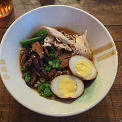 Sadly, I overcooked my eggs. 😣
Used leftover rotisserie chicken 
Baby bella and shiitake mushrooms. 
The picture isn't great, but The taste was amazing! 
Served with potstickers and edamame. 