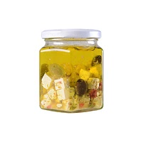 Feta cheese and olives in glass