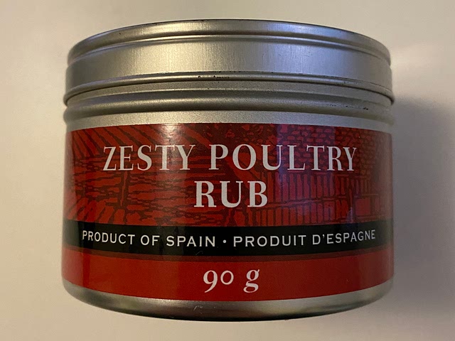 I discovered this awesome poultry rub spice mix (thyme, cumin, salt, black pepper, oregano, rosemary,  nutmeg, curry). Even though it says poultry rub on the tin, I think it works great on anything! 