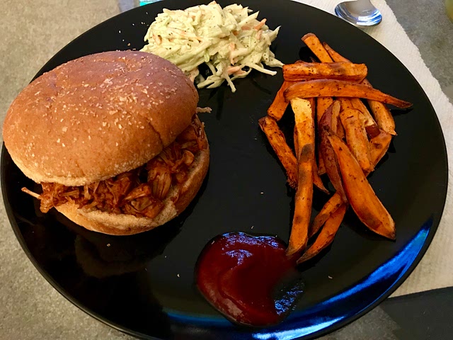 I’ve used young jackfruit in a can. Make sure you rinse it well and I actually squeeze out the liquid…which helps break it apart anyway. I baked mine with a bbq seasoning rub to dry it out and then baked it again with the bbq sauce