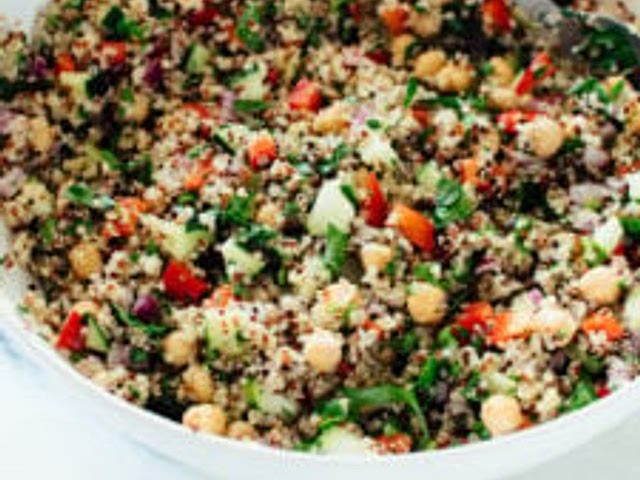 I recommend making plain quinoa, chilling it, and adding it to any salad. Here’s an example of a quinoa salad that I have been considering making for myself.