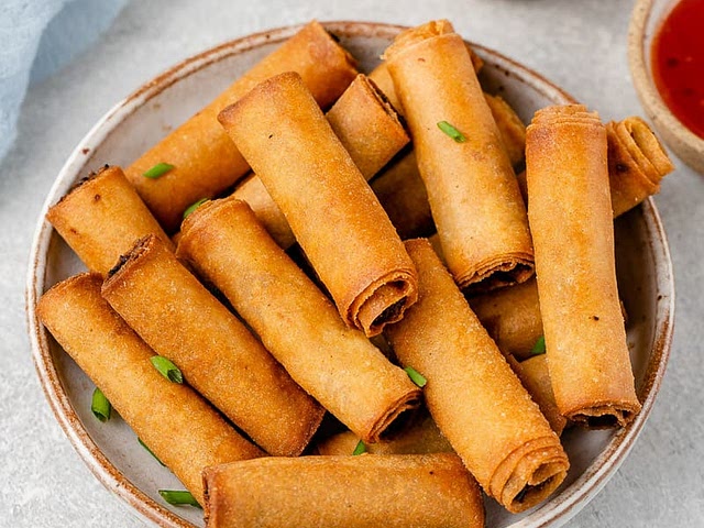 Hi! Try this vegetarian recipe of a Filipino classic dish. Personally, for the filling I just use mung bean sprouts (which I myself grow), thinly sliced carrots, water chestnuts and dried Bukni (Wood Ear Fungus), a local mushroom. Others dip it in Banana Ketchup or Sweet Chili Sauce but I prefer dipping it in cane or coco vinegar with a splash (or two) of soy sauce and crushed fresh garlic. Yuuuum!