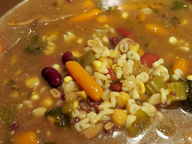 First the above dish is ham bone soup, this is old school veggie abc soup (like you would have at lunch in school)