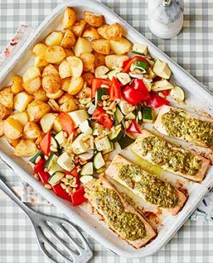 Salmon pesto traybake with baby roast potatoes