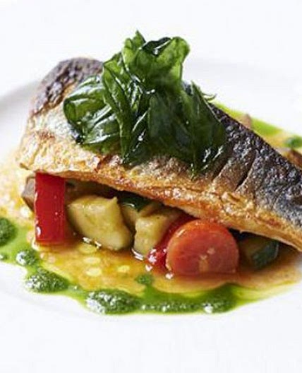 Pan-fried sea bass with ratatouille & basil