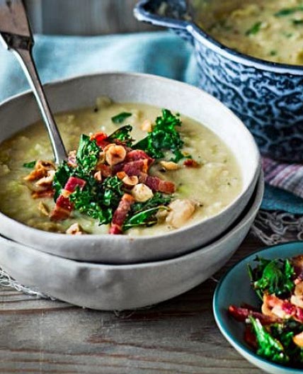 Leek & butter bean soup with crispy kale & bacon