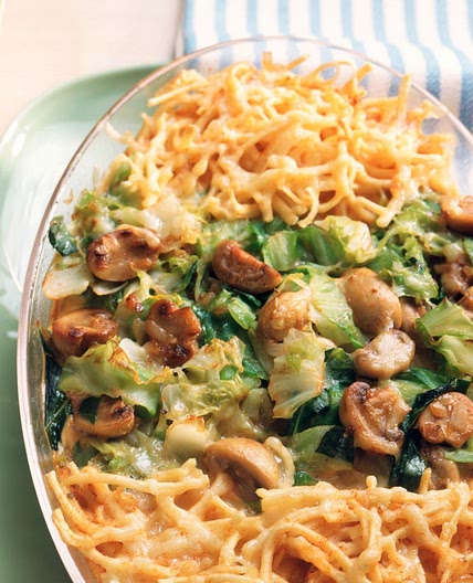 Spätzleauflauf mit Spitzkohl und Champignons