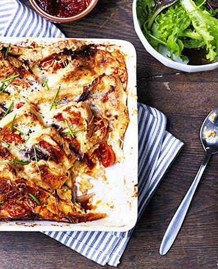 Cheese and tomato bread and butter pudding