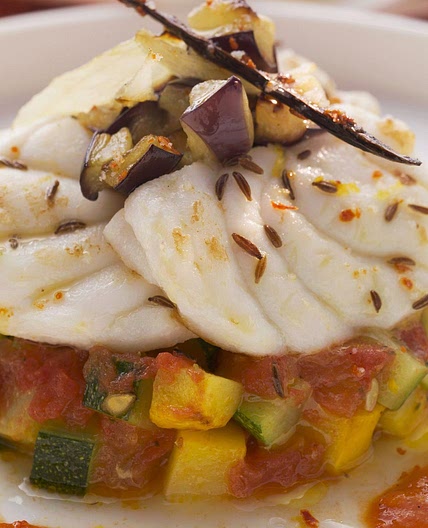 Cumin Monkfish on Mediterranean Vegetables