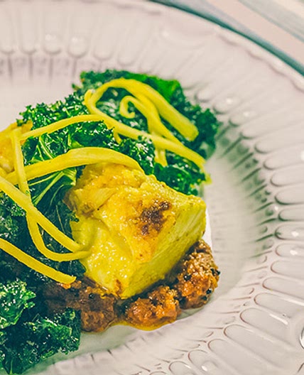 Kasundi Halibut with Cumin Kale Crisps