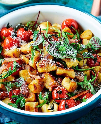 Pan-fried ricotta gnocchi, tomatoes and bacon vinaigrette