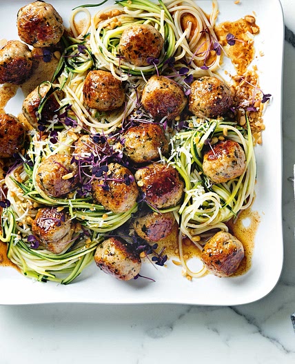 Shannon Bennett's chicken meatballs with zucchini and spaghetti
