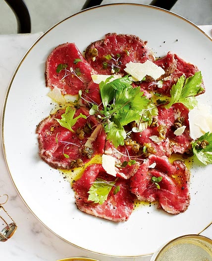Beef carpaccio with crispy capers, pecorino and celery