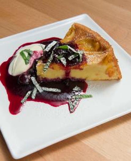 Olive Oil Cake with Blueberry Sauce and Peaches