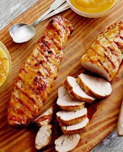 Grilled Pork Tenderloin a la Rodriguez with Guava Glaze and Orange-Habanero Mojo