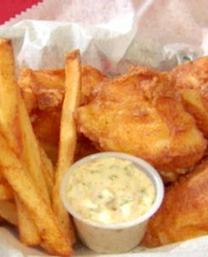 Beer Batter Fish and Spicy Chips with Lemon-Habanero Tartar Sauce and Serrano Vinegar