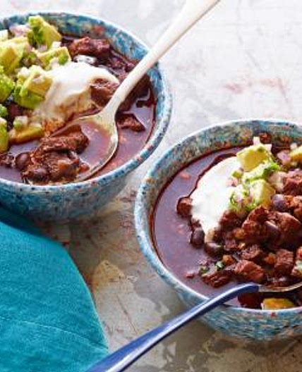 Beef and Black Bean Chili with Toasted Cumin Crema and Avocado Relish