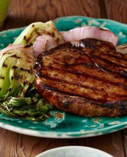 Grilled Korean-Style BBQ Glazed Pork Chops with Red Onions and Baby Bok Choy