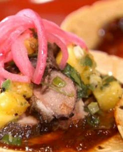 Tamarind Glazed Duck Tacos with Grilled Pineapple Relish and Pickled Onions